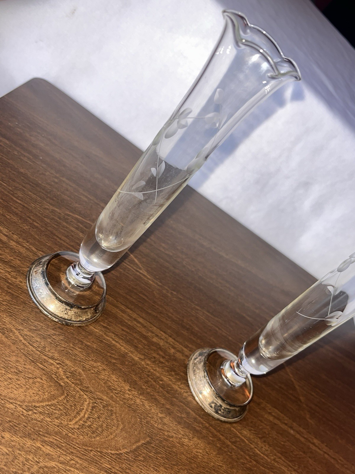 Vintage Pair Etched Clear Glass Bud Vases w/ Sterling Silver Bases STERLING