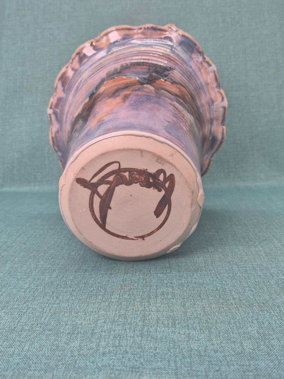 Signed Glazed Studio Art Pottery Basket ~ Rich Blues and Browns ~ 14.5″ Tall
