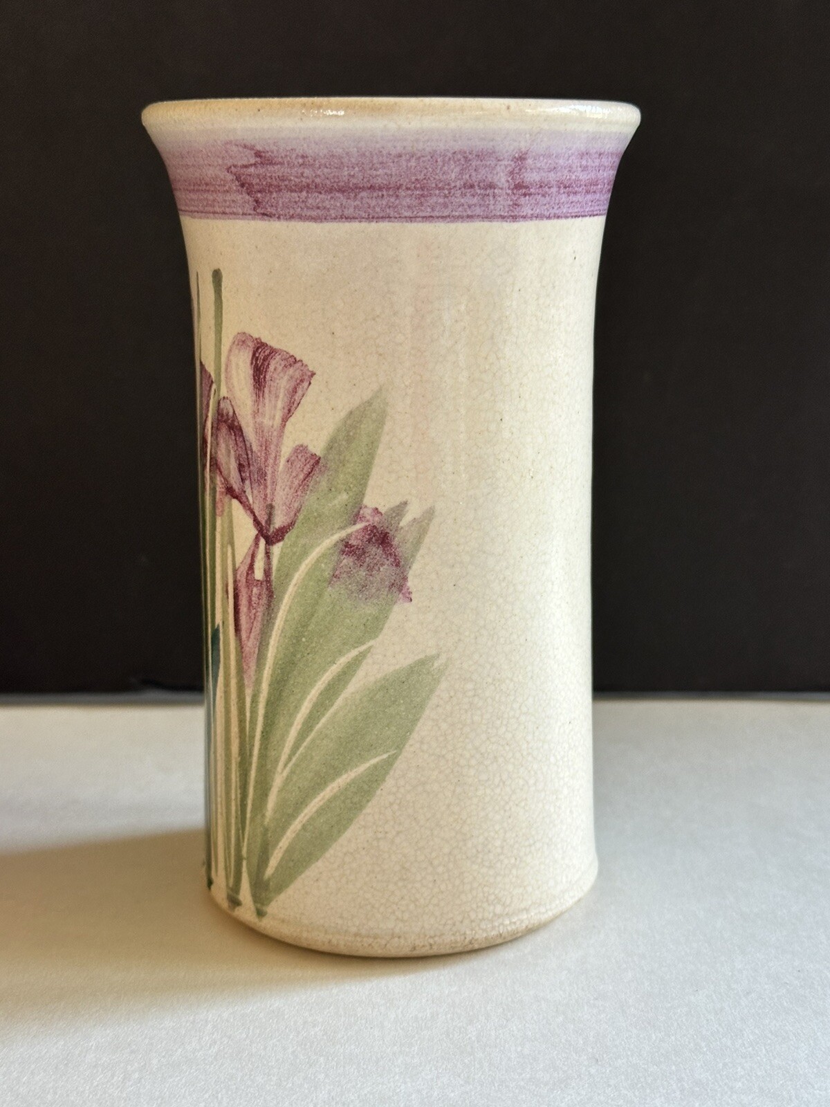 Studio Art Hand Thrown Pottery Vase Iris Hand Painted Artist Signed 6” USA
