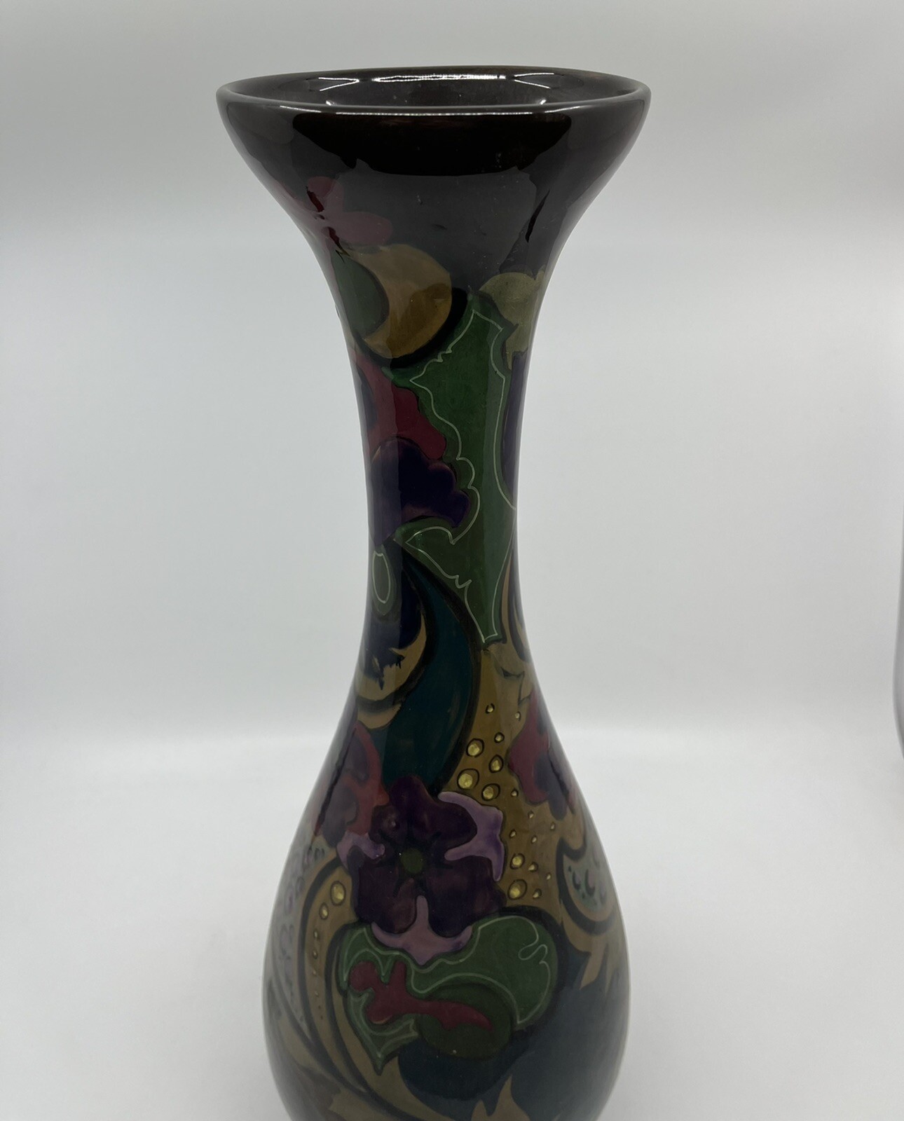 Antique 1919 Tall Gouda Vase, 16 ⅜ Inches Tall – Floral Motif, Glossy Finish