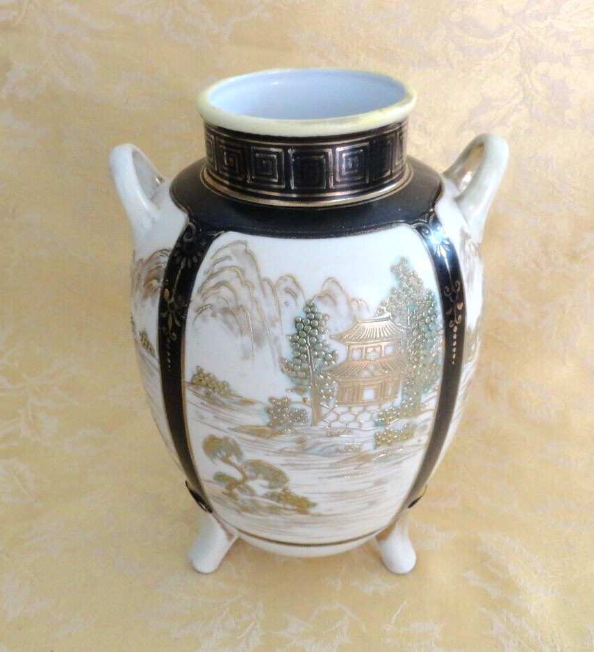 Antique Nippon Chikusa Moriage Hand Painted Footed Vase Pavilion Country Scene