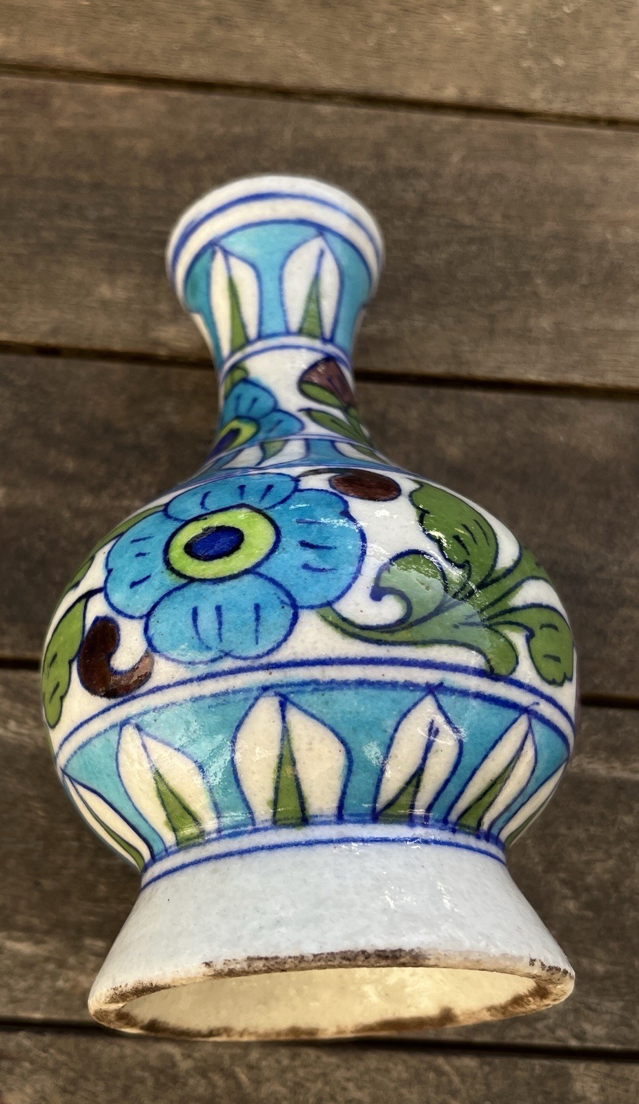 Vintage Jaipur Blue Pottery 5.5″ Floral Bud Vase Hand Painted India Folk Art