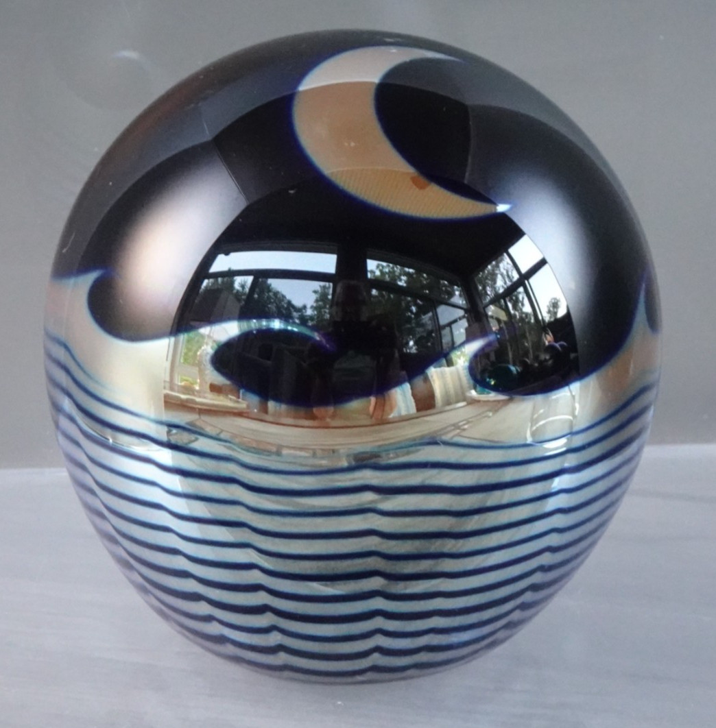 1986 Correia Crescent Moon & Ocean Waves Metallic Art Glass Paperweight