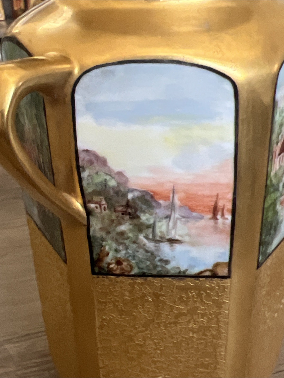 Vtg Gold Encrusted Double Handled 6” Vase Hand painted Landscape Design