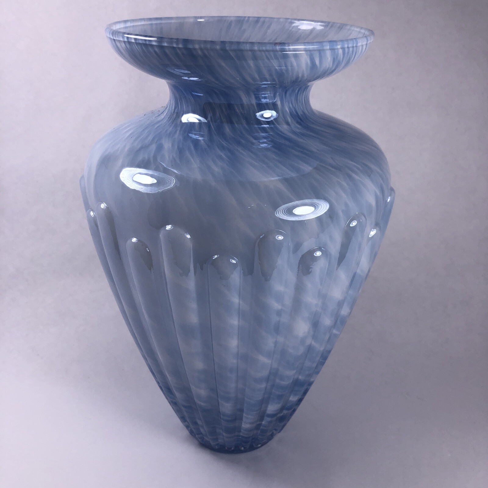 Murano Crystal Blue Label Glass Vase 11″ Pale Blue & White Swirl Vase