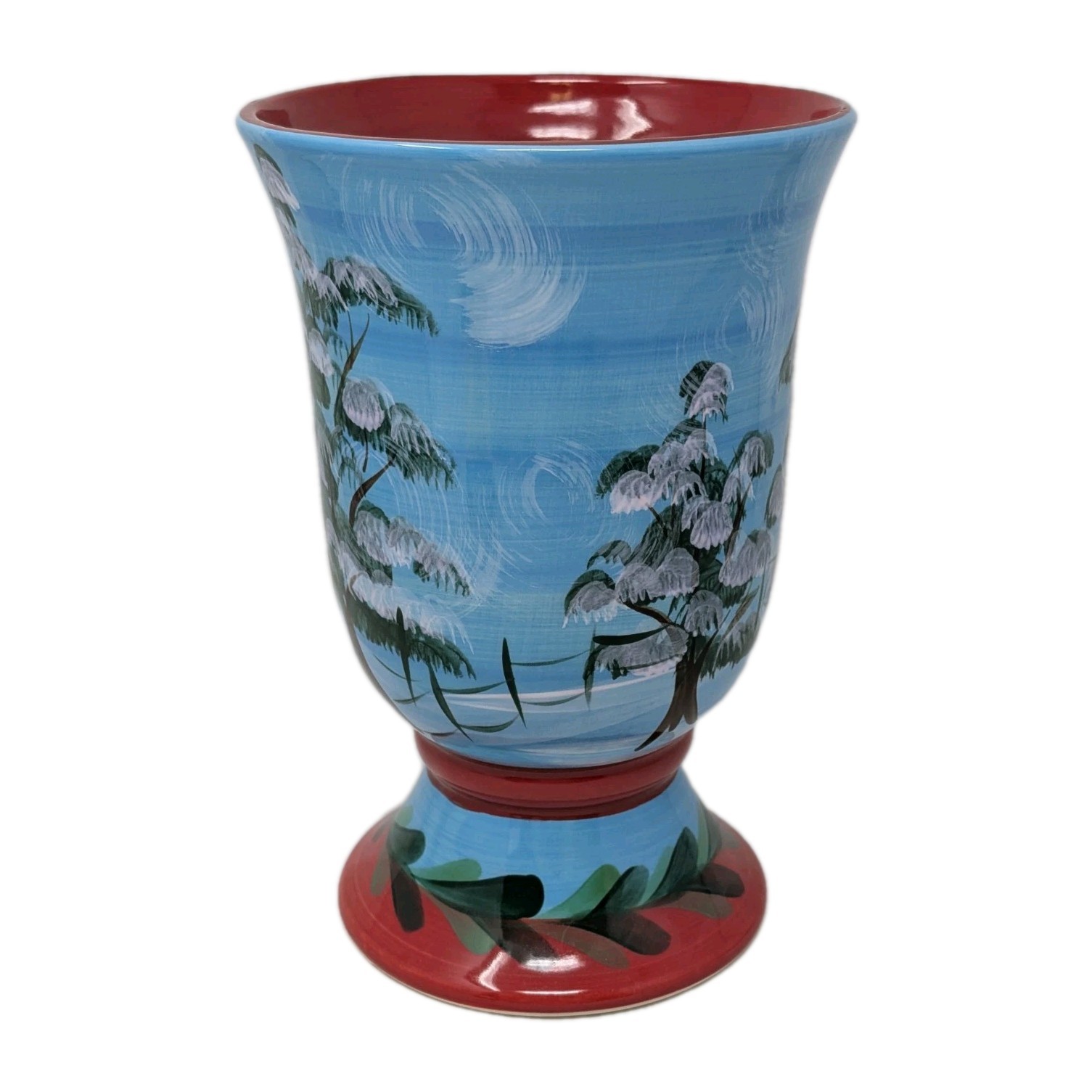 Ceramic Utensil Holder Hand Painted Winter Trees Gail Pittman NOS TLL 947