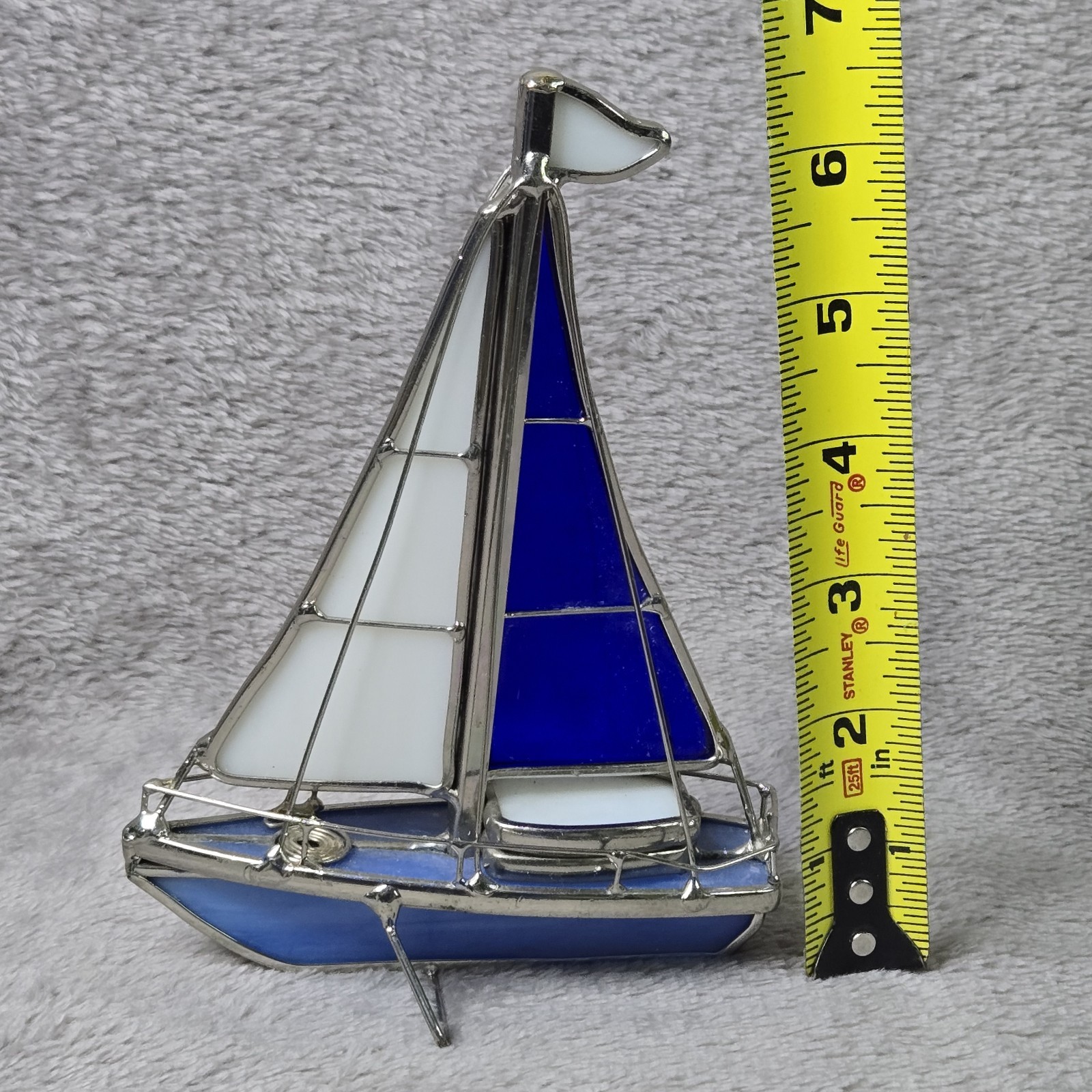 Stained Glass 6.5” Tall 3D Sailboat Sculpture Nautical Decor Blue Art Yacht