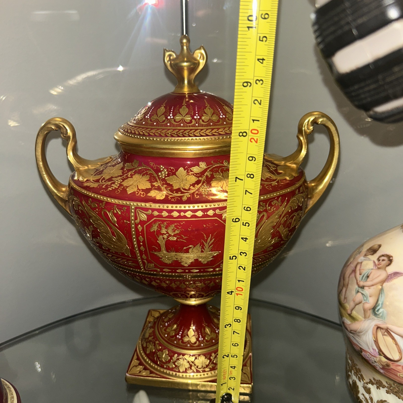 Amazing Antique German Royal Vienna Porcelain Swan Handle Covered Urn Red/Gold⚡️
