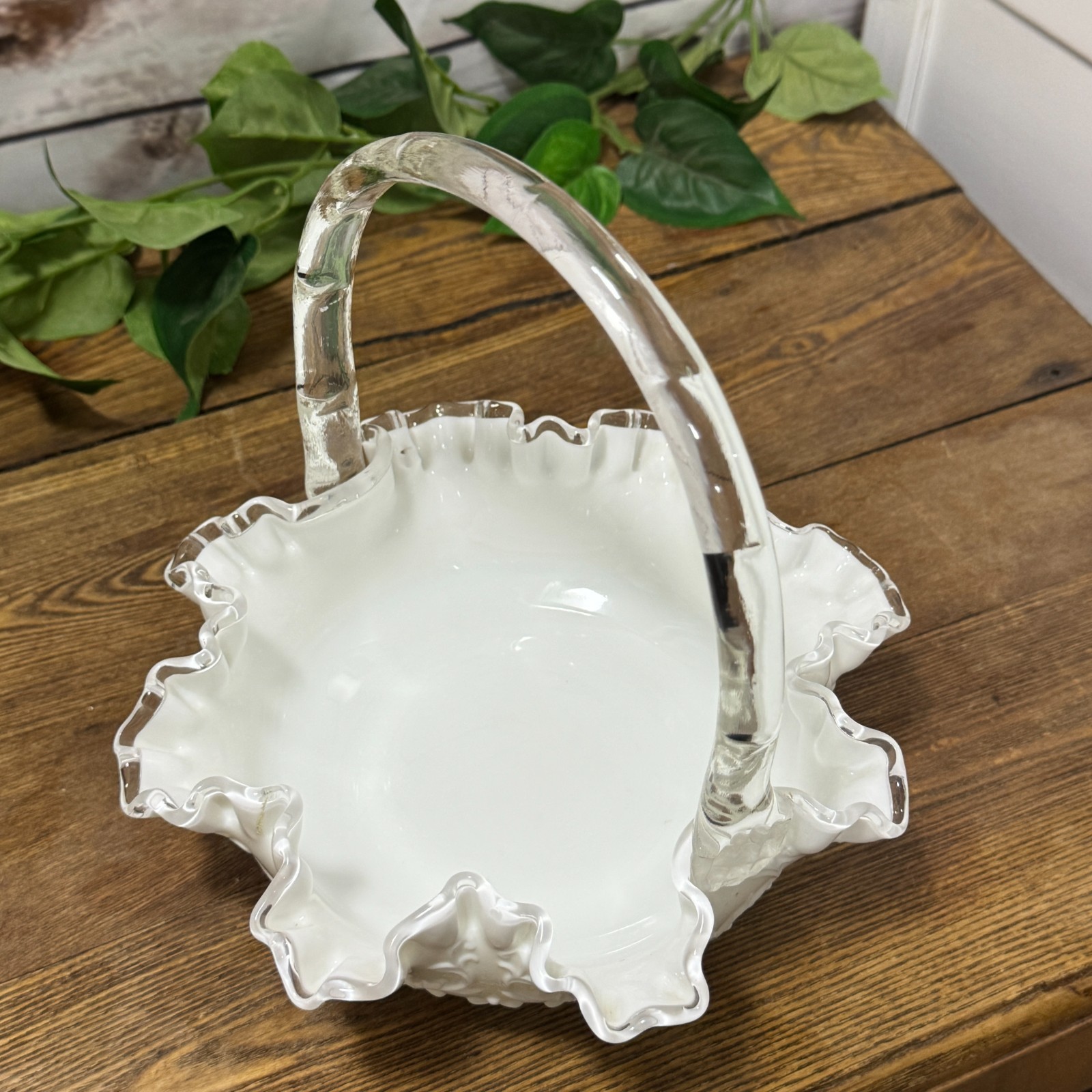 VTG FENTON SPANISH LACE SILVER CREST WHITE MILK GLASS HANDLE RUFFLED EDGE BASKET