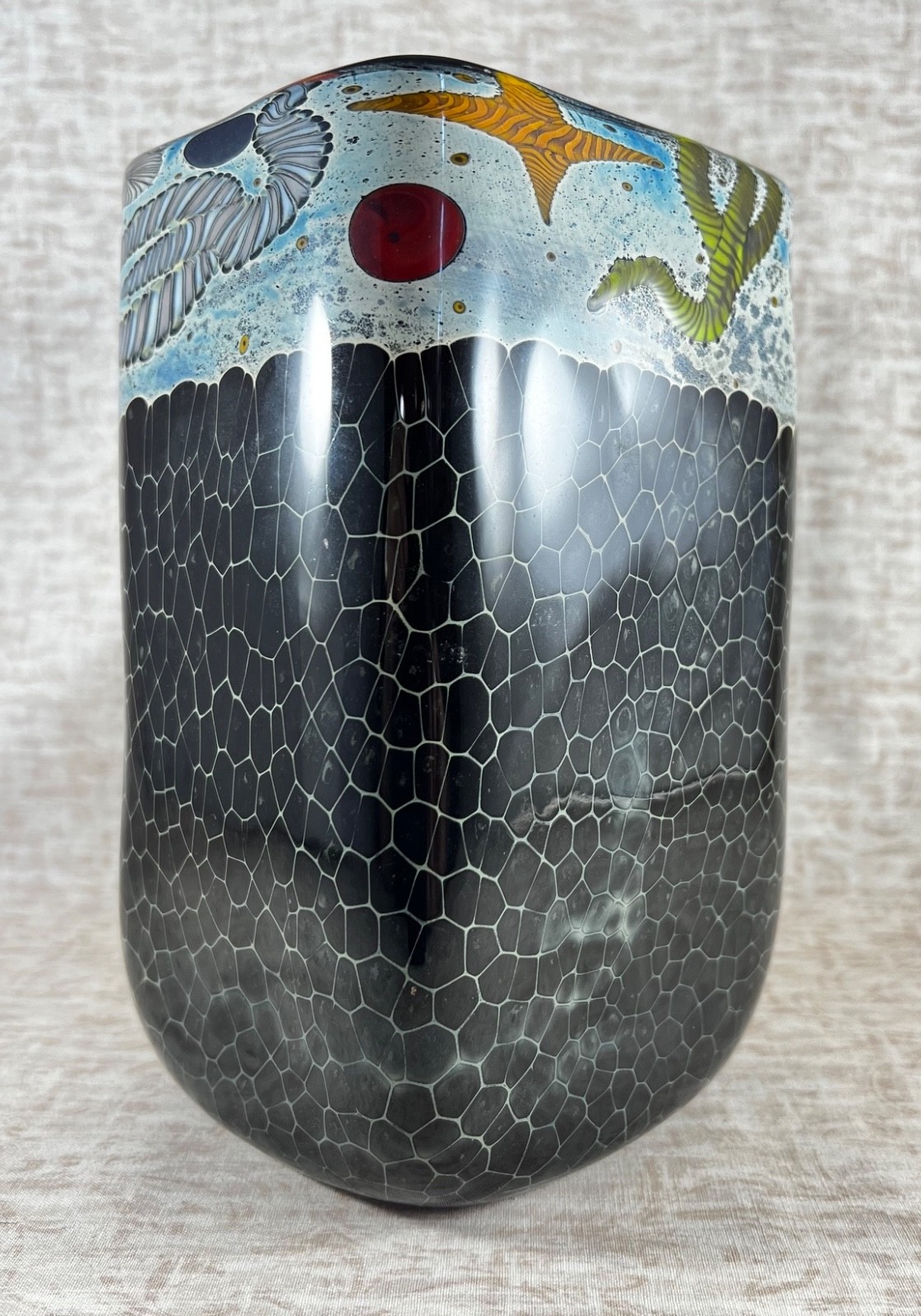 Kenny Walton, Signed, Art Glass Square Vase, Underwater Design, Studio Art Glass