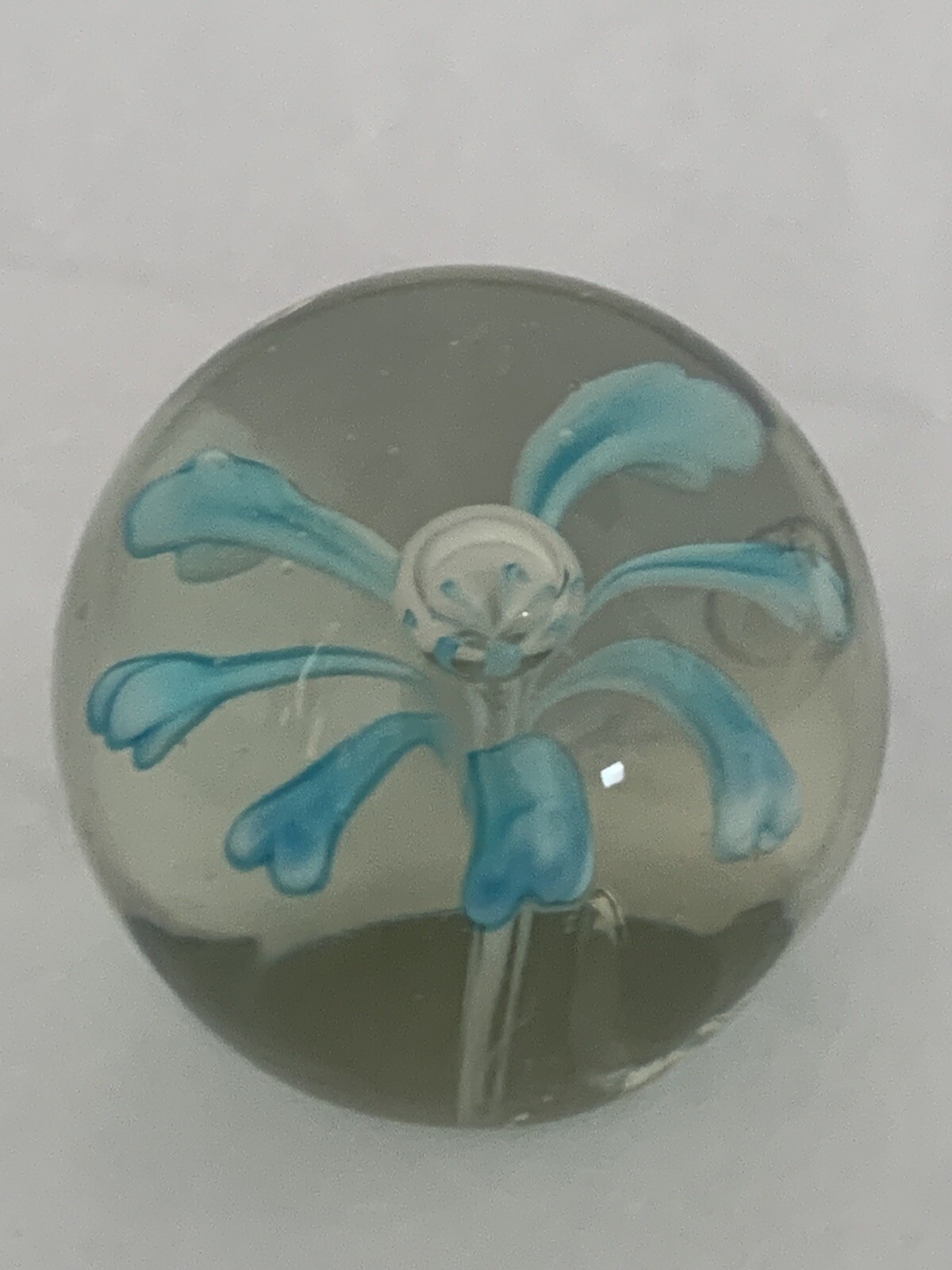 Blown Aqua/Turquoise Flowers inside Art GLASS PAPERWEIGHT 2.25”