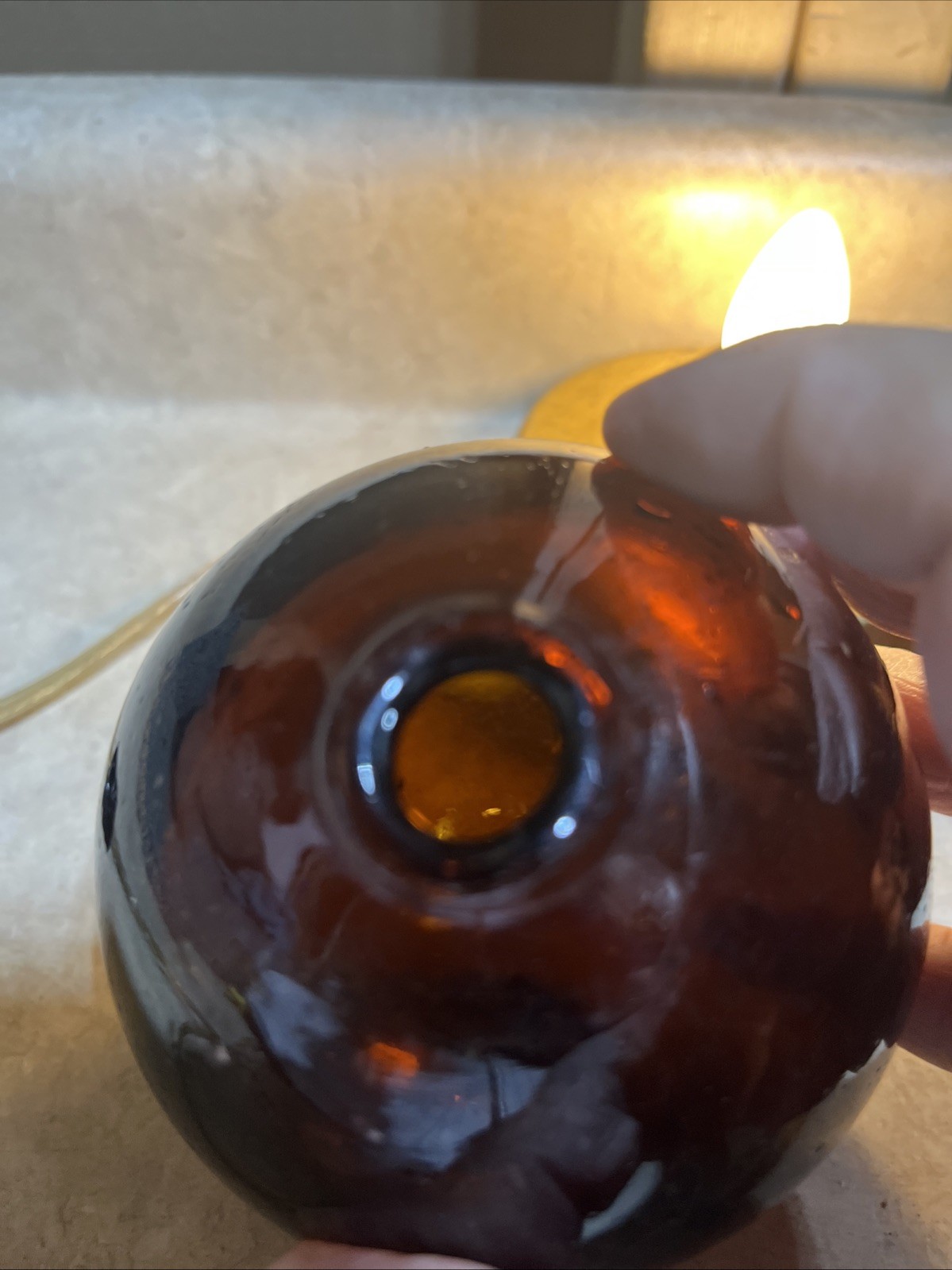 Vtg Antique Pair 4” Hand Blown Amber Dark Brown Glass Float Fishing Buoy Ball