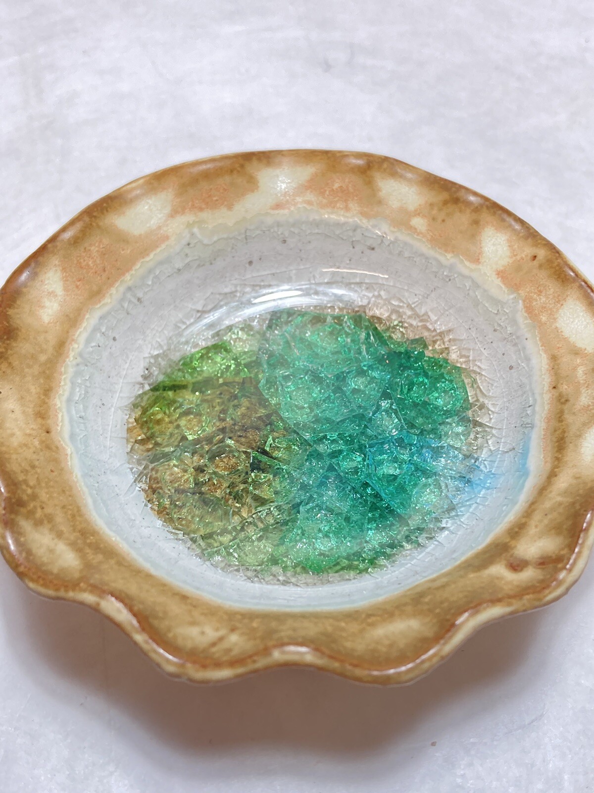 Mid Century Pottery Dish With Crackled Glass Center Small Size