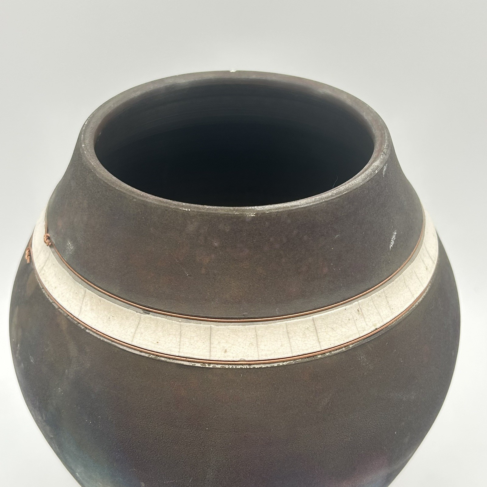 Unique Vintage Raku 8” Vase Crackled Tile And Copper Wire Inlays Artist Signed