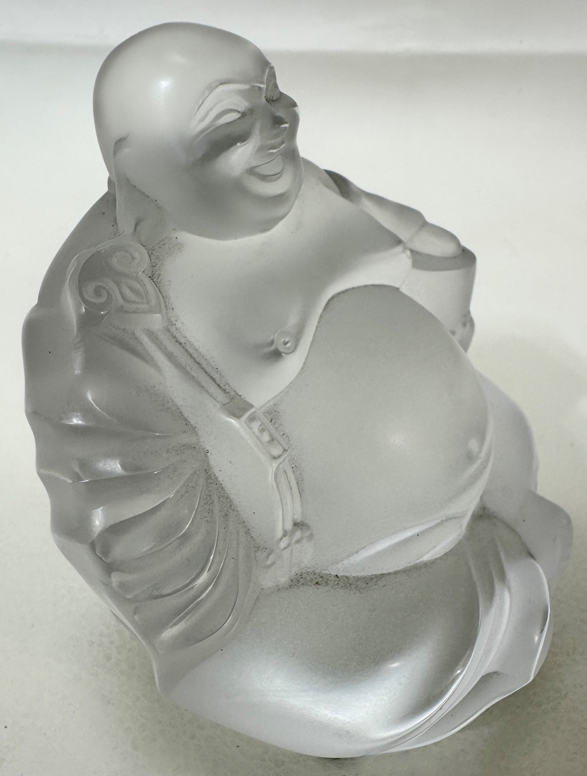 Lalique France Glass Happy Hotei Buddha Figurine W Ruyi Scepter Paperweight