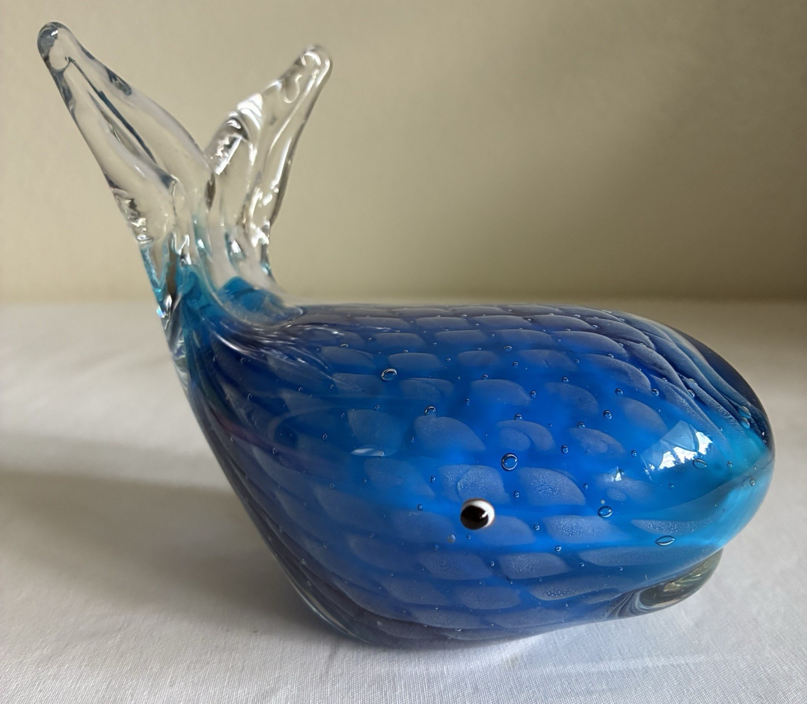 Murano Style Blown Art Glass Whale Lite Blue & Clear Paperweight Figurine 5″