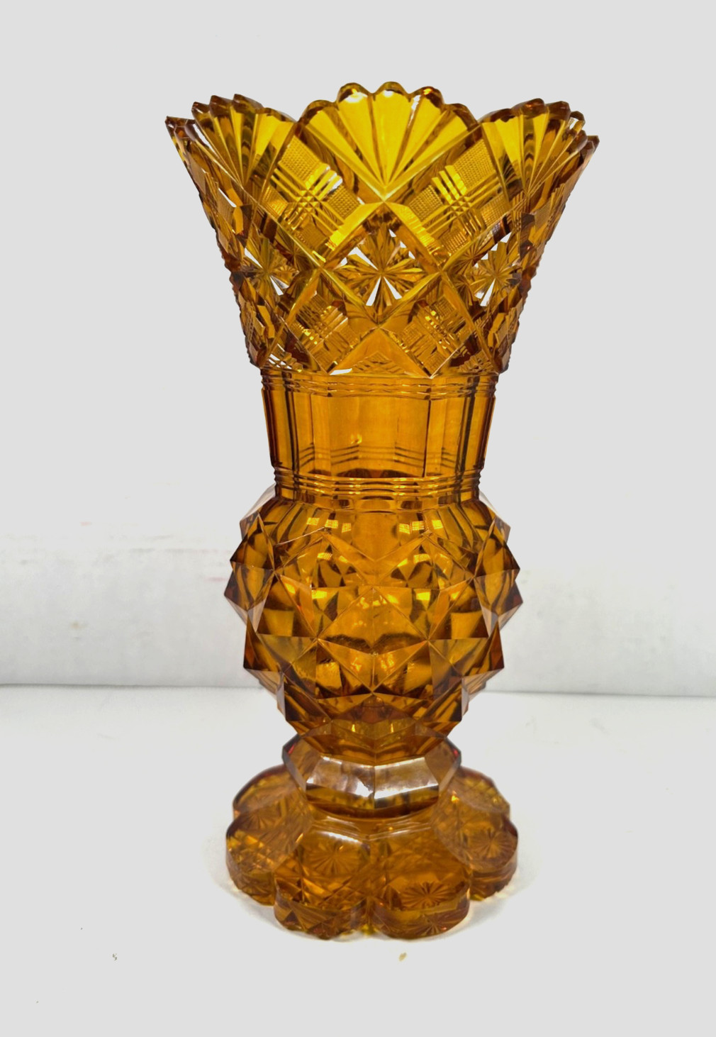 Vintage EAPG Honey Gold Amber Pressed Glass Vase 9.5” Multi Patterns & Sections