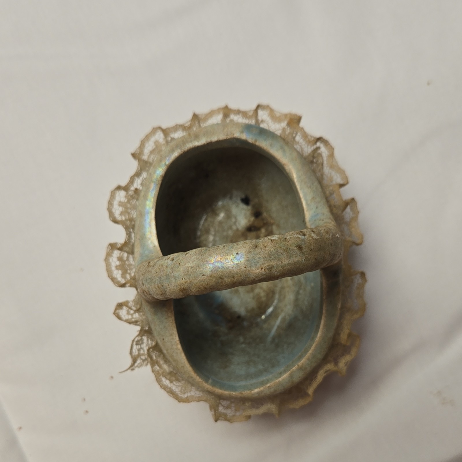 Blue Ceramic Decorative Basket Lace Trim Oval w/ Handles Handmade 3in x 2.25in