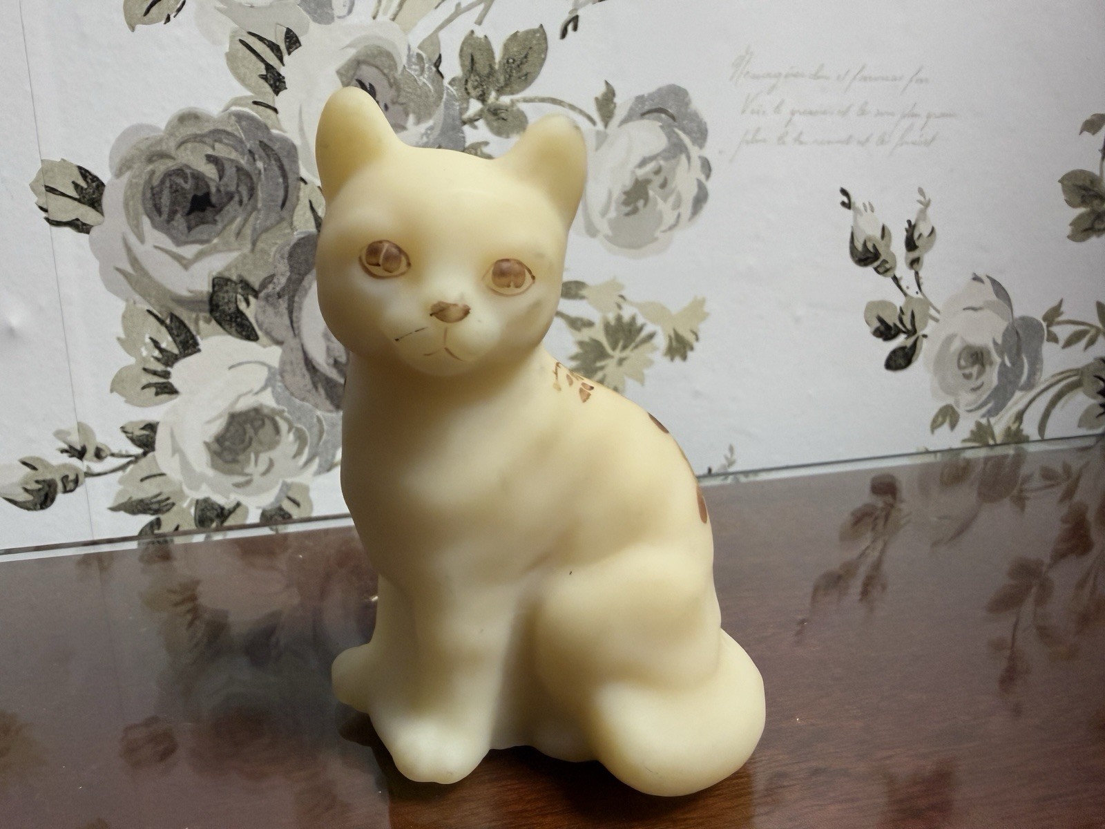 Fenton Satin Glass Cat Hand Painted Roses And Signed By Artist