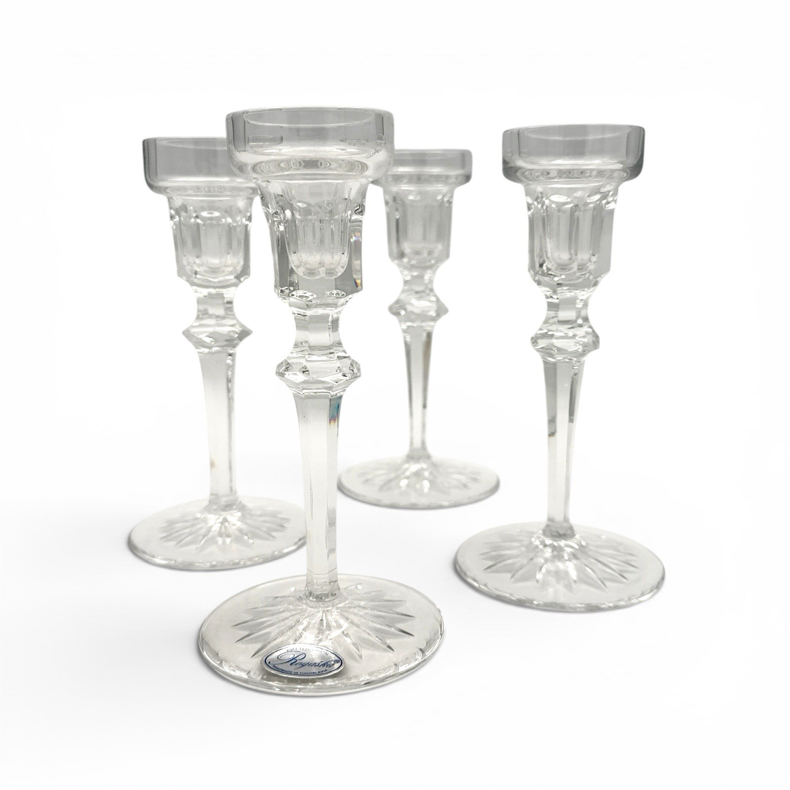 Rogaska Crystal Richmond 6in Single Light Candlestick Notched Multisided 4Pc Set