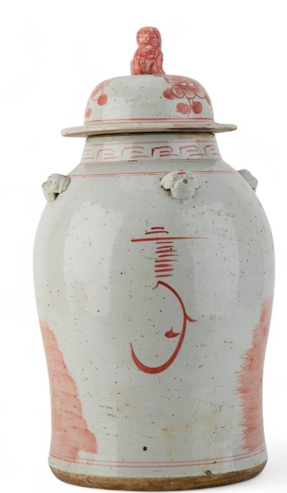 Vintage Reproduction Light Red Bird Warrior Porcelain Temple Jar-12” x 24”H
