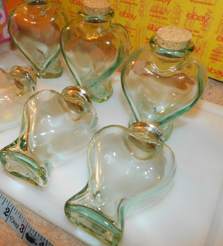 Light Green Heart Shaped Glass Bottle Lot of 6 Bottles Used Excellent Condition