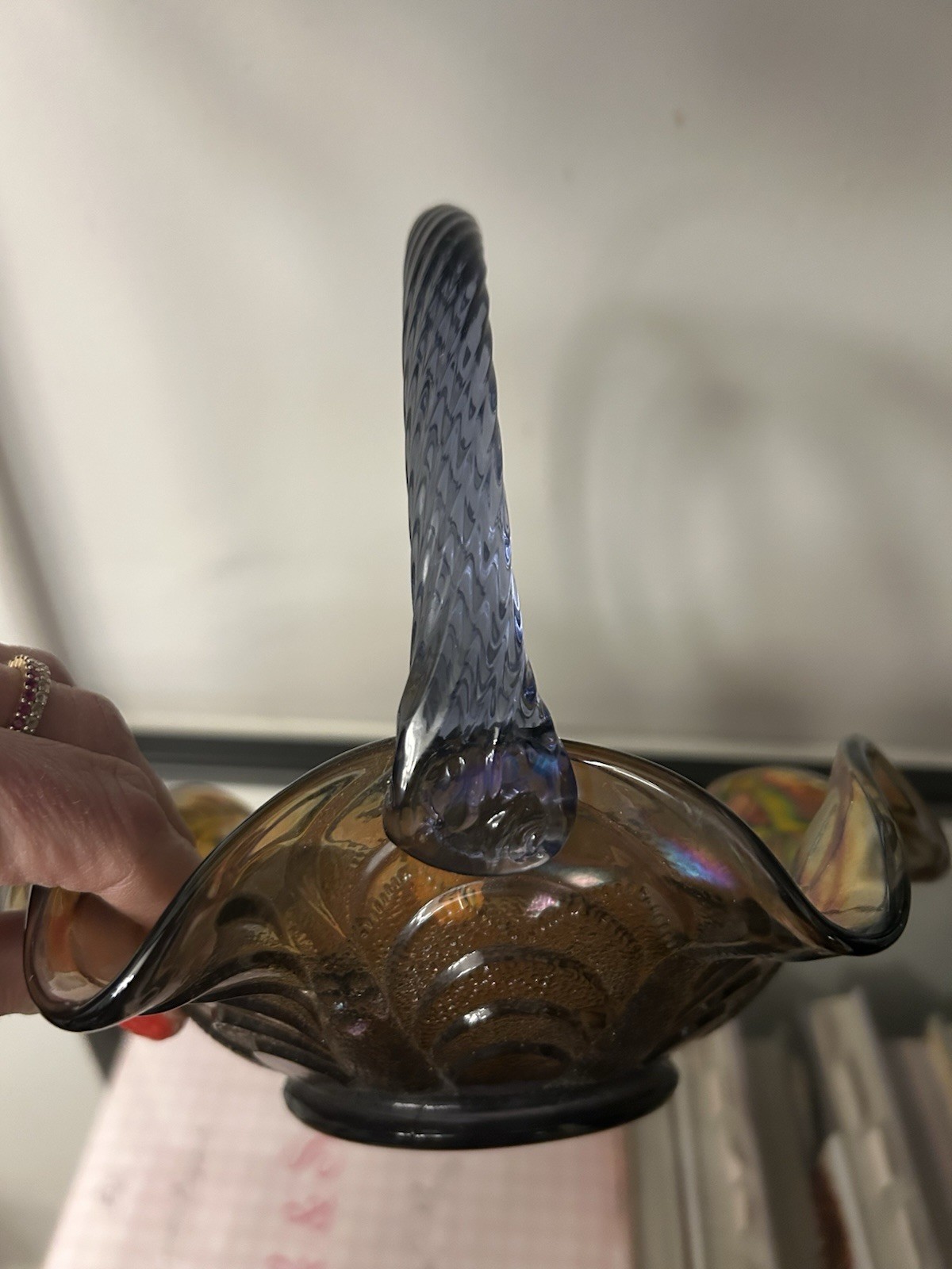 Fenton Art Glass Aubergine Marigold Carnival Glass Basket With Handle Dish Bowl