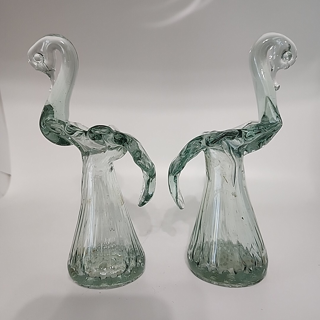 Vintage Matching Pair of Swan Glass Bud Vases 6.5in Green Blown Art Glass FLAW