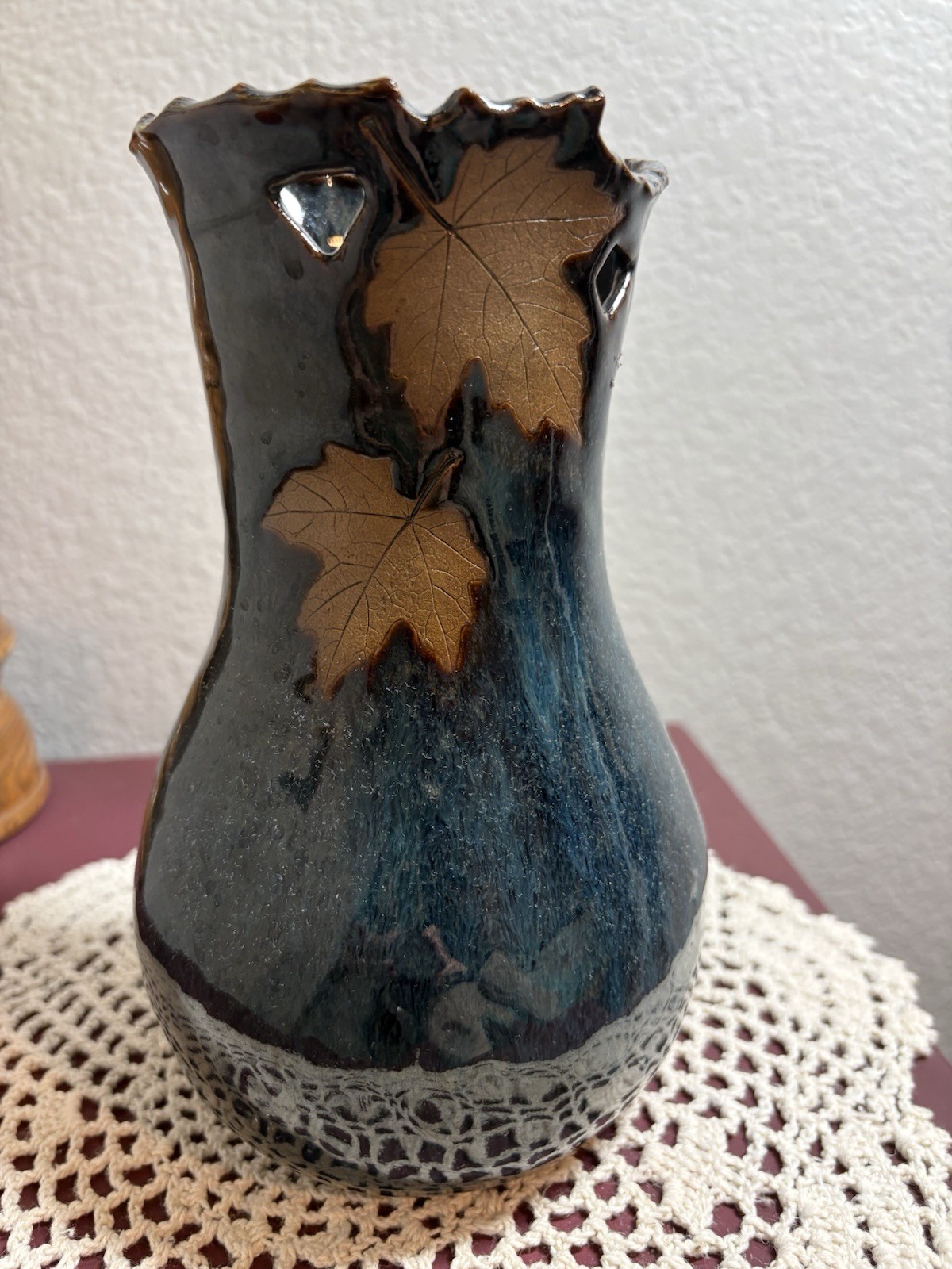 Signed Mg Blue Vintage Ceramic Leaf Vase, 8″ Glossy Nature Pottery Incised ‘01