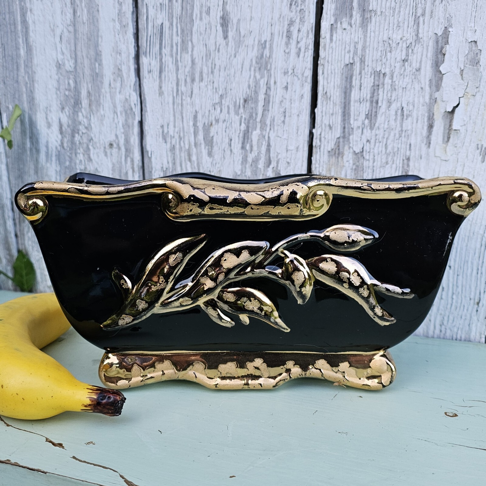 Vintage Savoy China USA 24 Kt Gold and Ebony Art Pottery Planter
