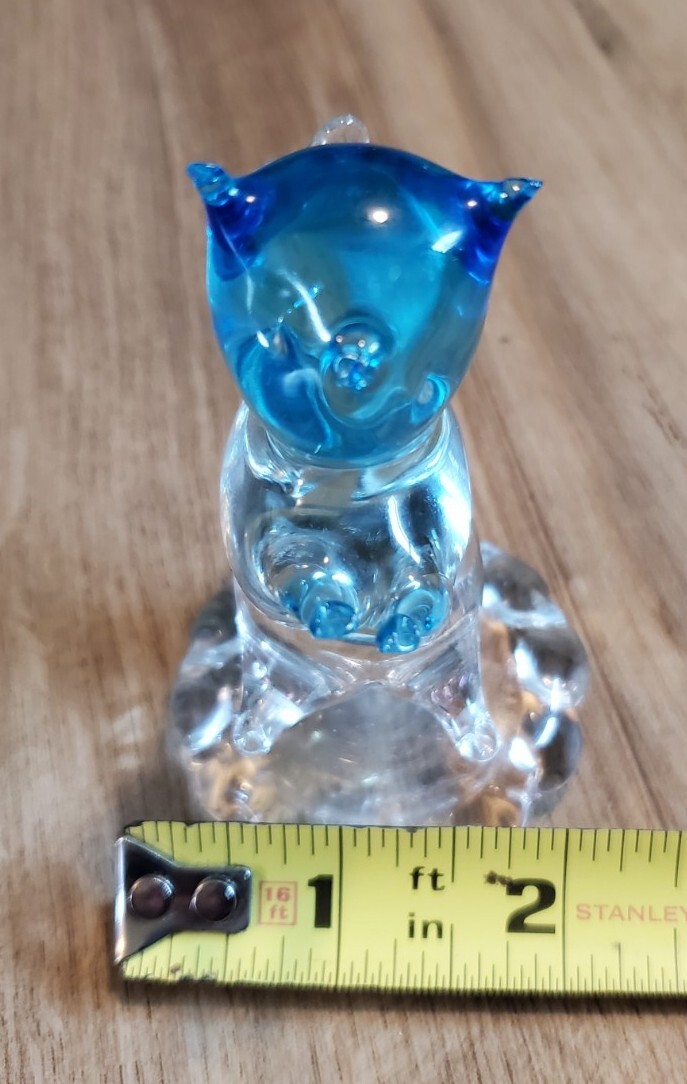 Squirrel Figurine Glass Paperweight Clear and Blue Glass on Round Base