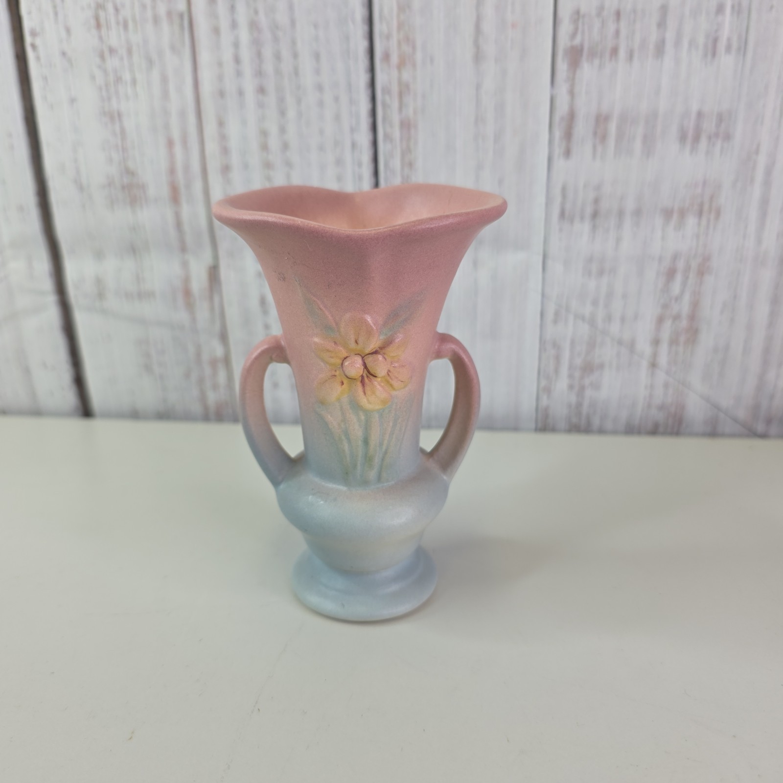 Hull Pottery Vase Iris Pink Blue 402-4.75 Double Handle 5in Tall Vintage USA