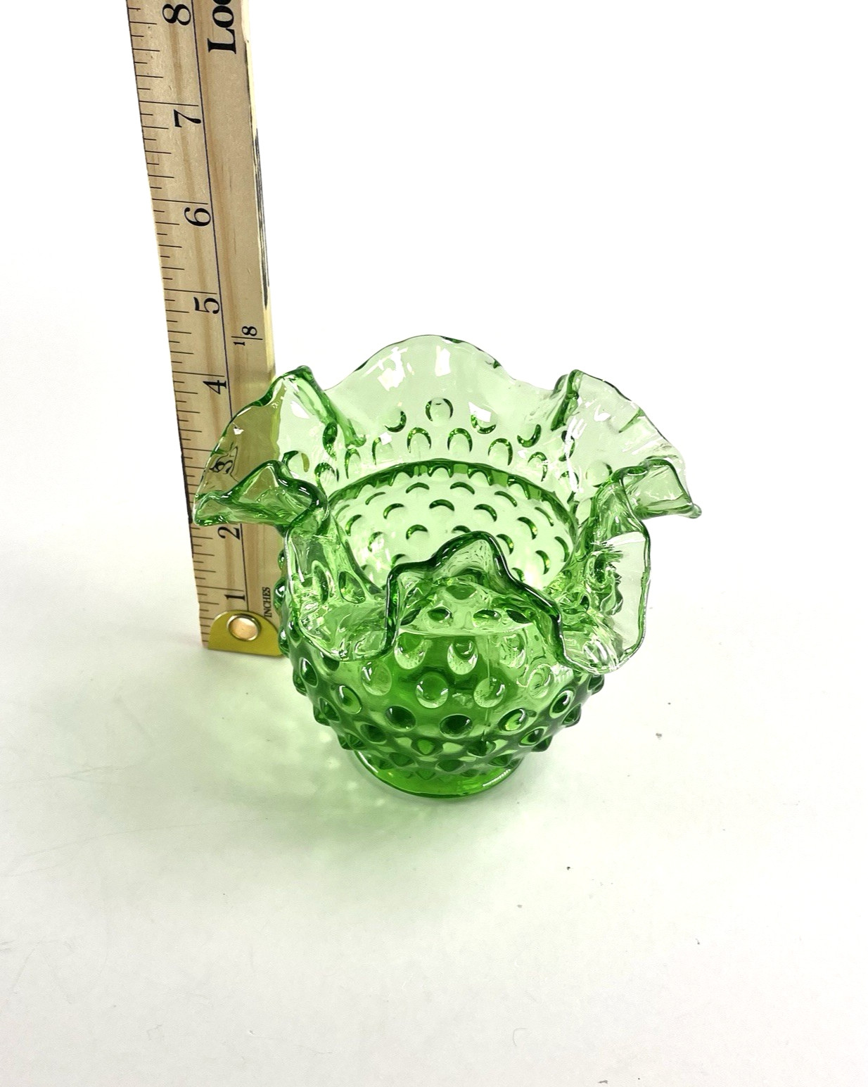 VTG Fenton Glass Vase Spring Time Green Hobnail RoseBowl Ruffled Edge 4” MARKED