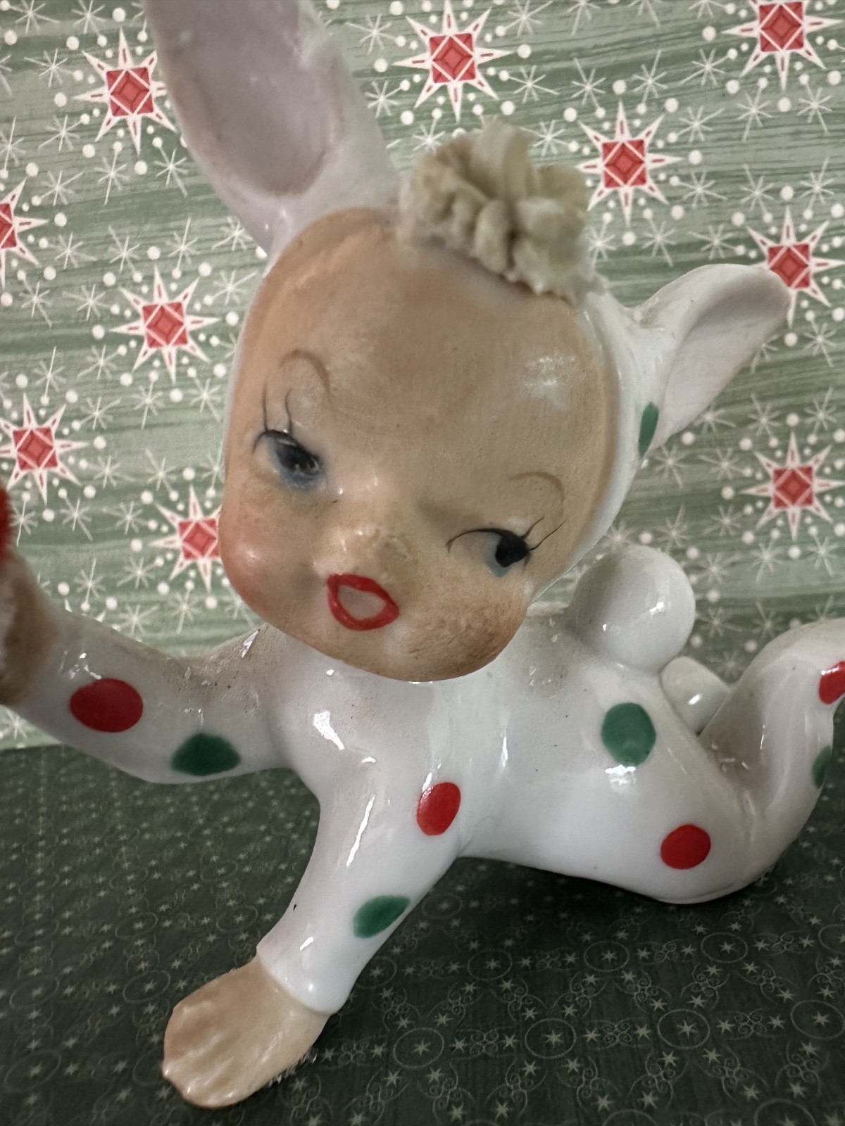 Vintage Polka Dot Pixie Bunny Figurines Japan SET OF 2 with accessories