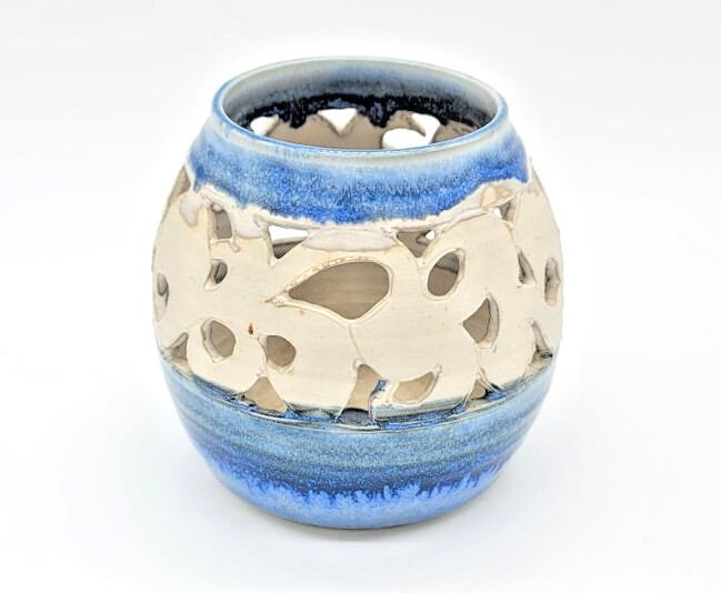 Blue Studio Art Pottery Carved Stoneware Lantern Luminary Vase CandleHolder Judy