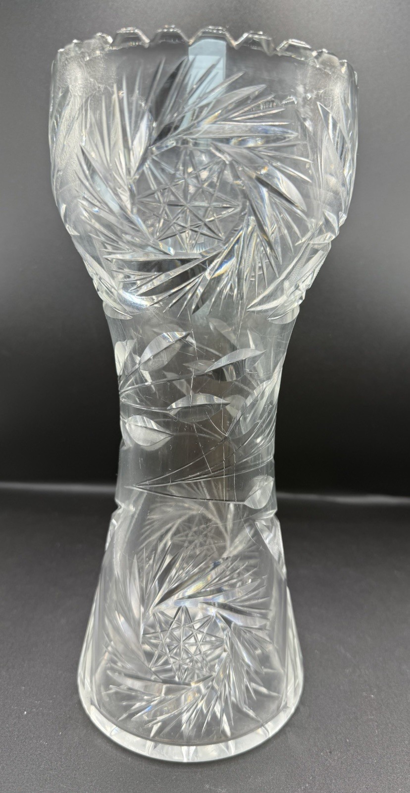 Antique American Brilliant Cut Glass Crystal Vase 10’ Pinwheel Sawtooth