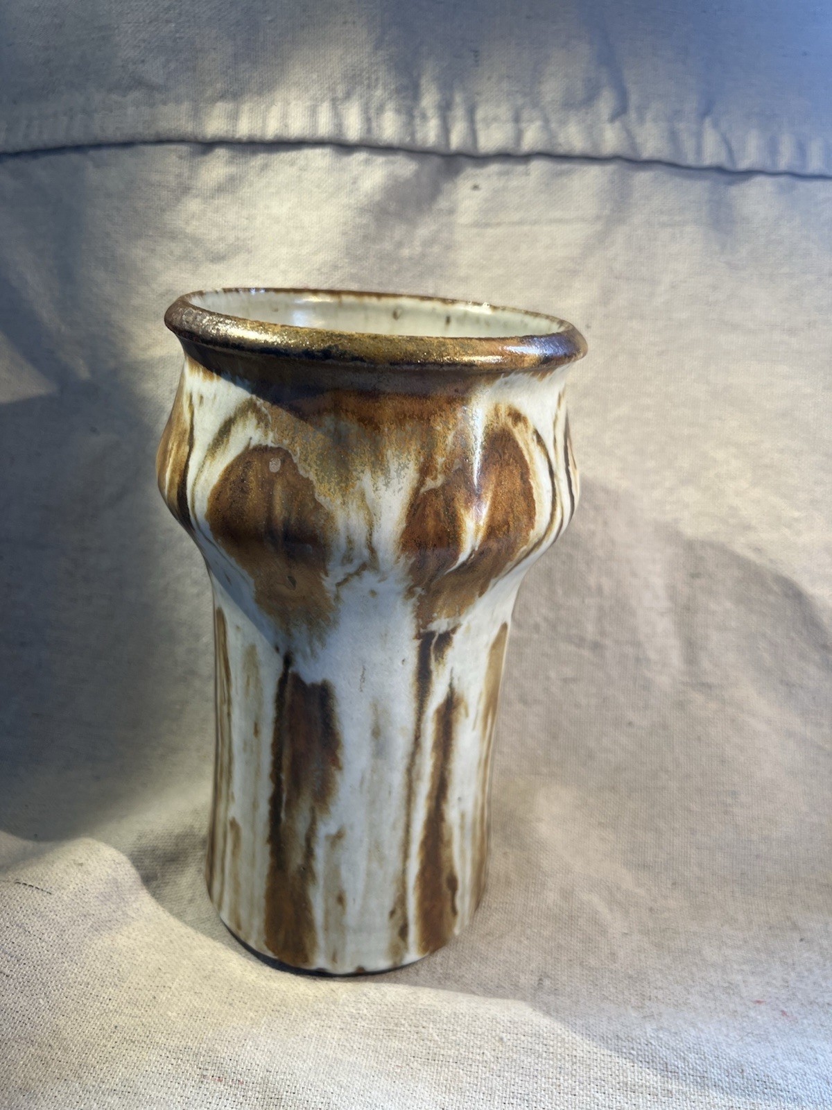 VTG Signed 1973 Studio Art Pottery Vase MCM Brown Drip Glaze Abstract Mod Shape