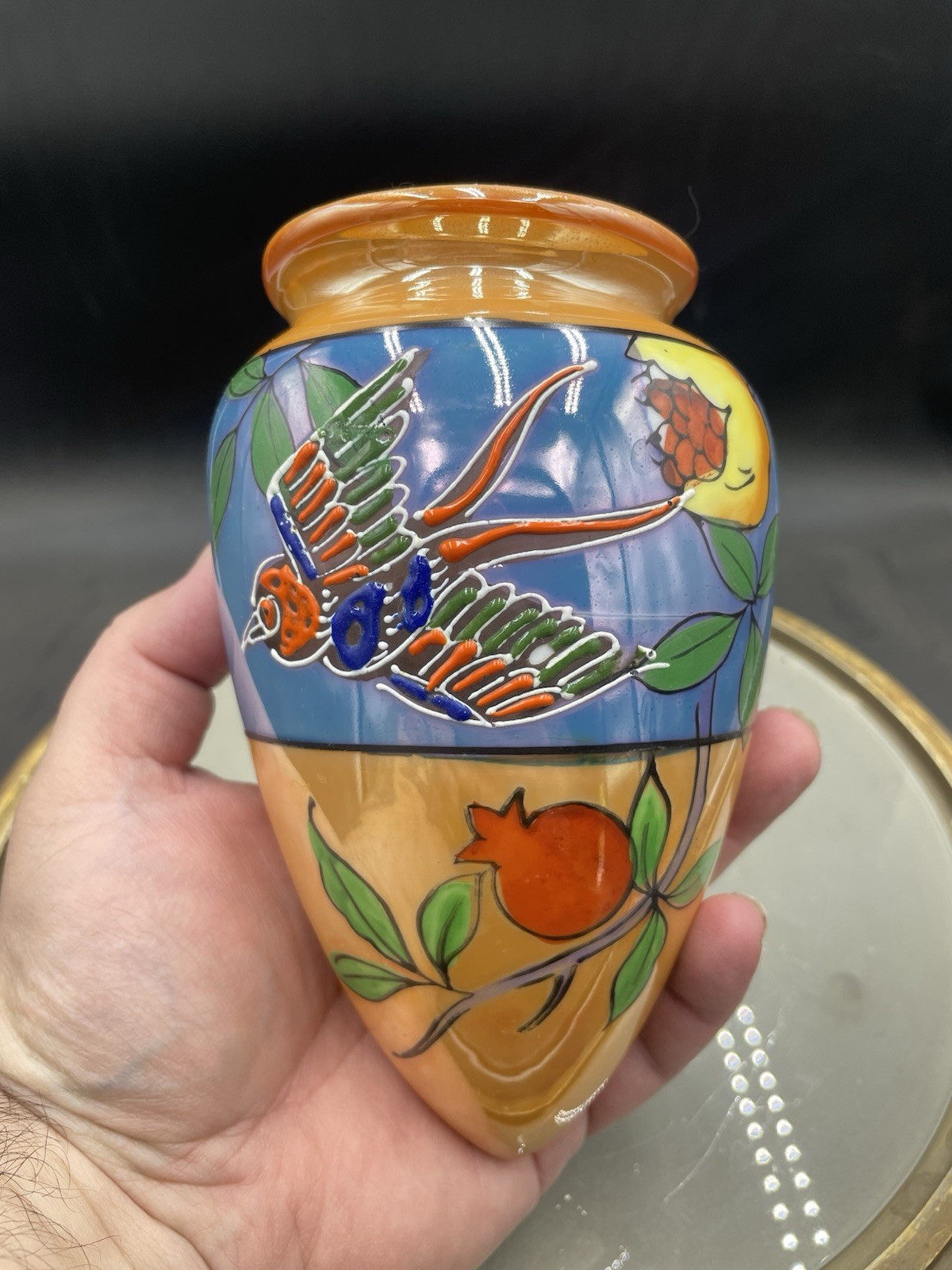 Vintage Japan Bird In Flight And Floral Lusterware Ceramic Wall Pocket 6” VG