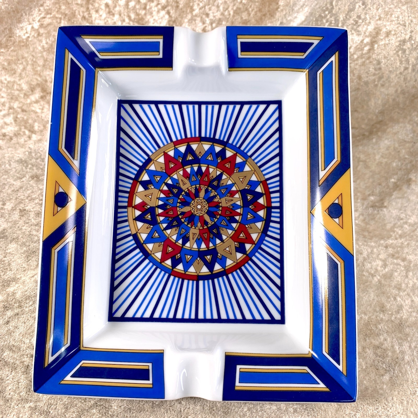 Vintage Hermes Porcelain Cigar Ashtray Change Tray Rare Geometric Pattern