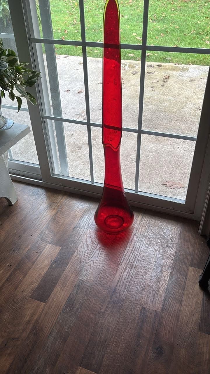 HUGE 36” L.E. Smith Swung Stretch Glass MCM Fat Bottom Floor Vase Amberina RARE