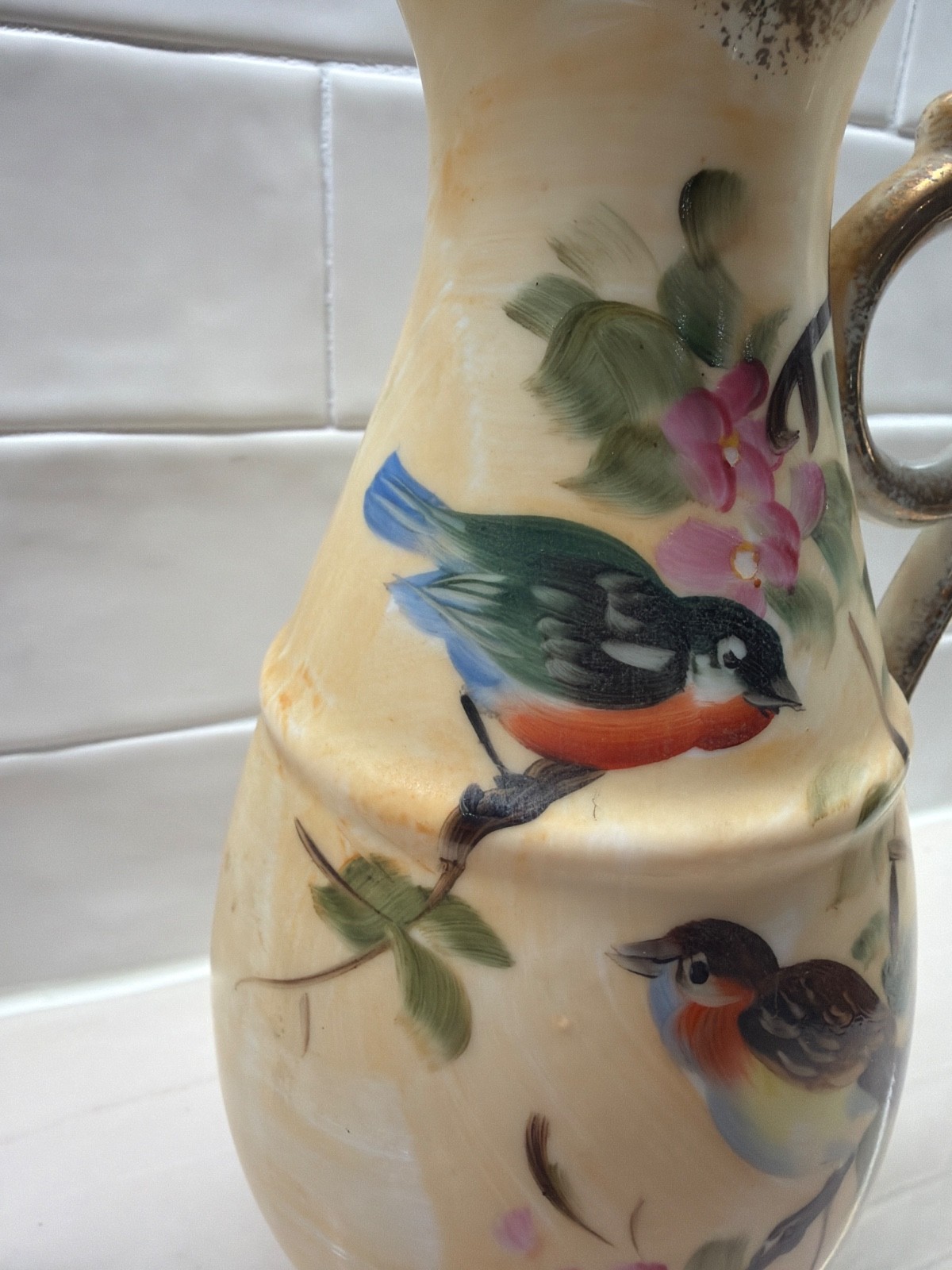 Vintage Birds and Floral Vase Pitcher Norleans Japan for Faucette Bristol TN