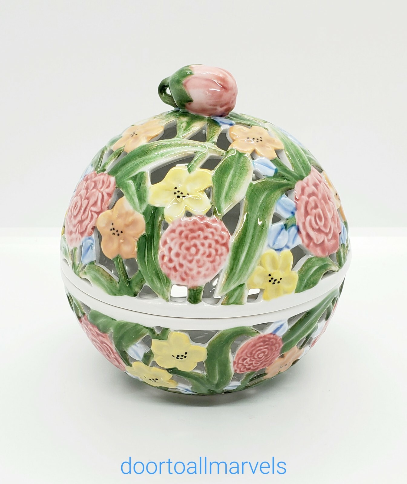 Andrea by Sadek Bonbonniere Candy Box Open Work Reticulated Floral Round VTG