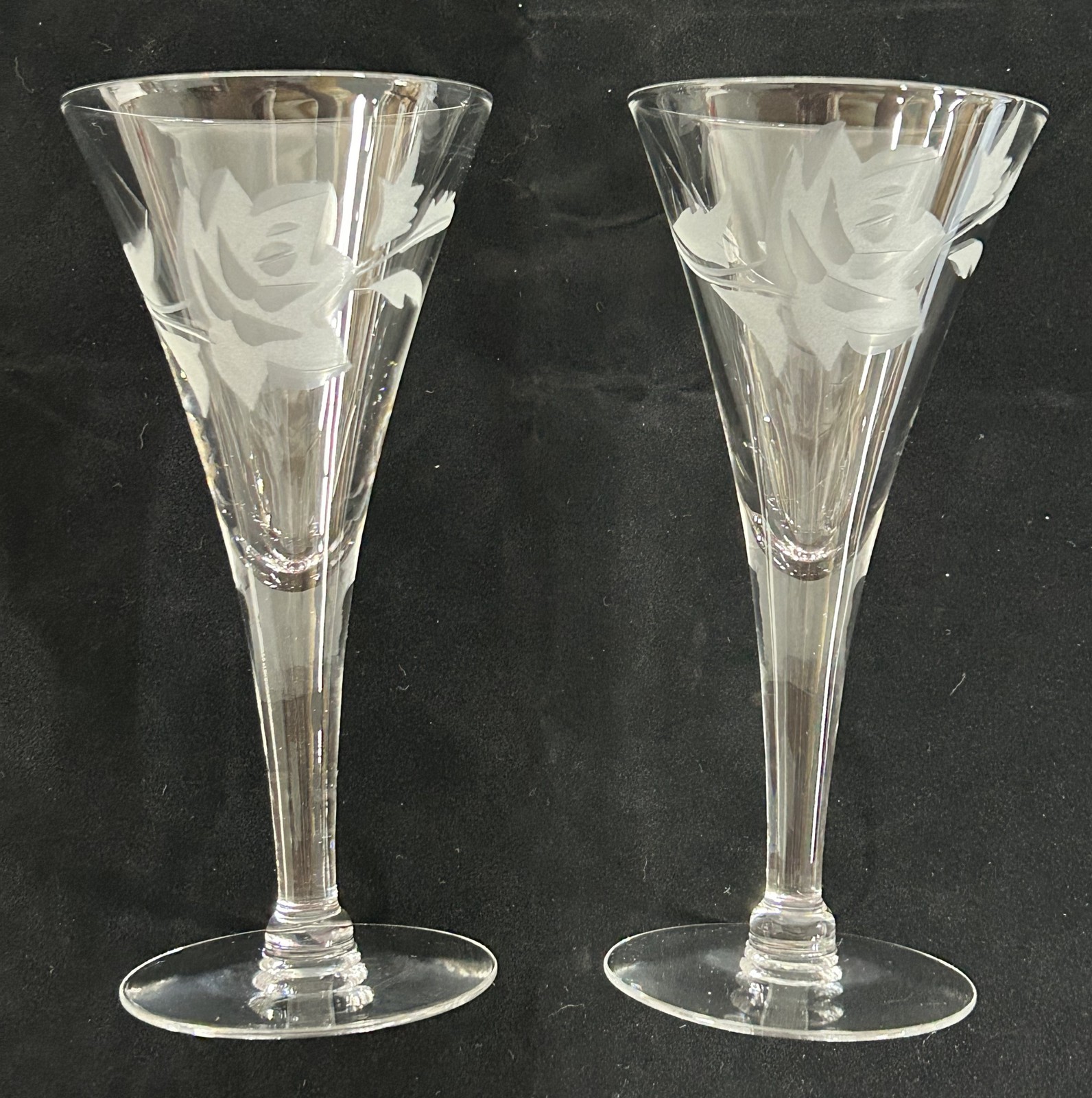 Pair Vintage Etched Clear Glass Champagne Flutes Cordial Glasses Floral Rose