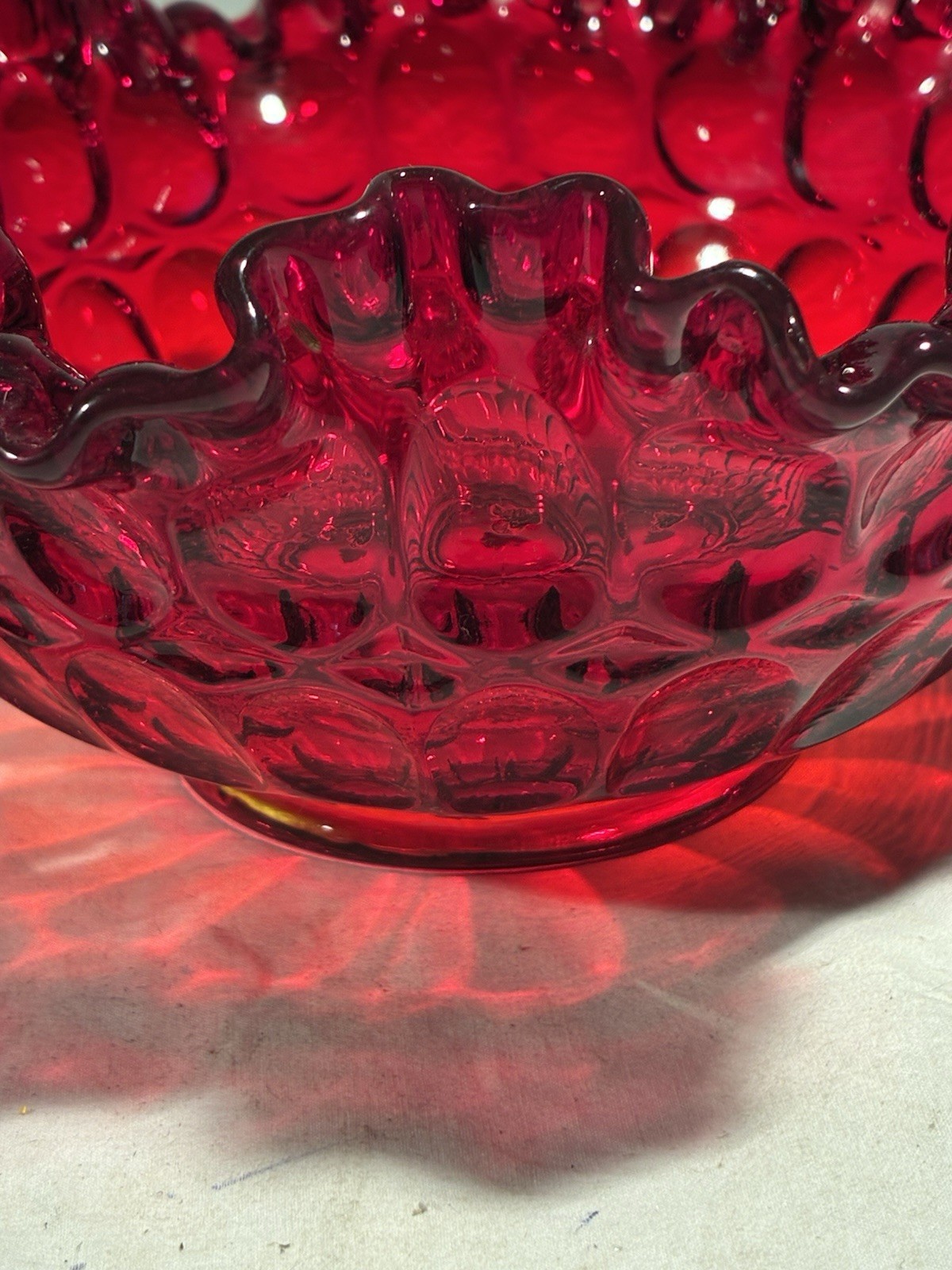 Vintage Fenton Glass Ruby Red Thumbprint Ruffled Colonial Handle BASKET 8.5″