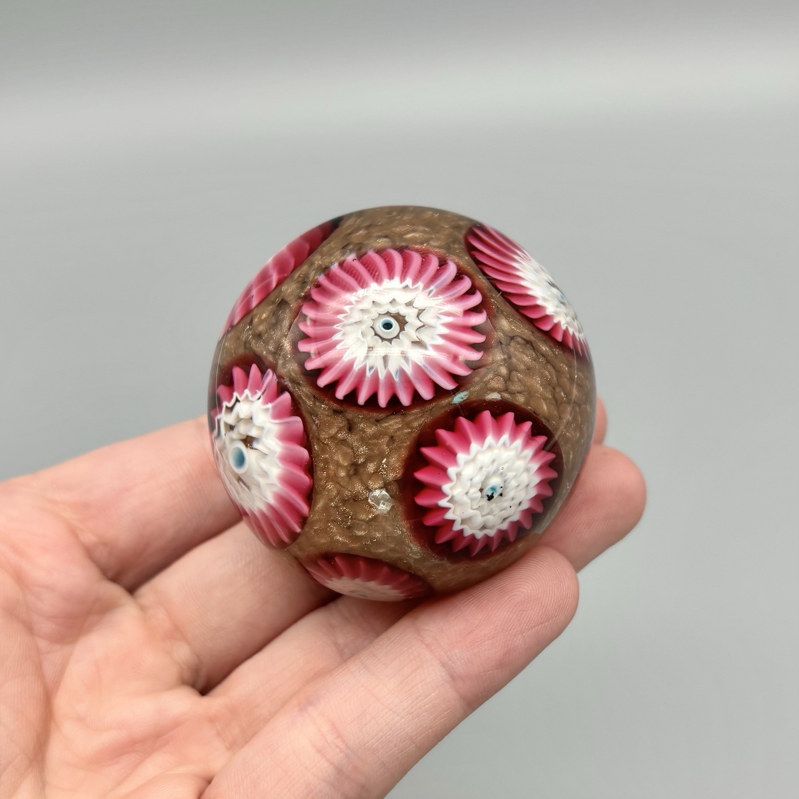 Vintage Murano Glass Pink Jumbo Millefiori Copper Adventurine 2.25″ Paperweight