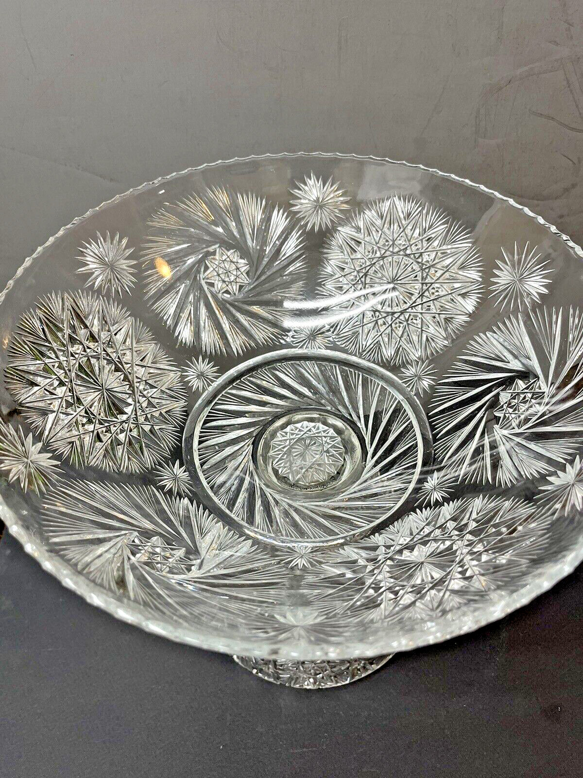 Large Footed Crystal Cut Bowl Centerpiece Signed 5LB Many Patterns