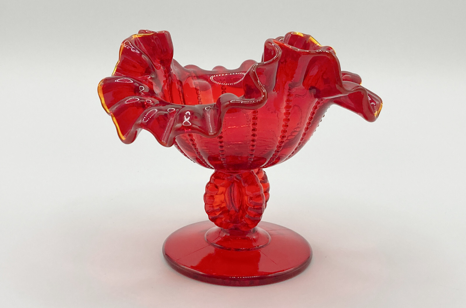 Vintage L G Wright Fenton Ruby Red Pedestal Glass Compote Dish 4.75 inches tall 