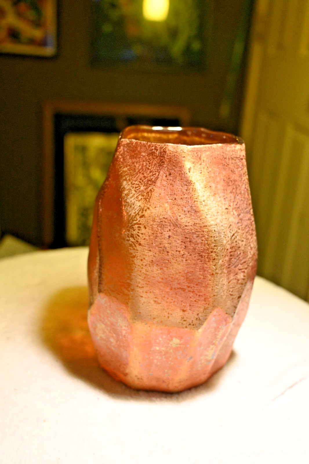 Vintage Hand Blown Iridescent Copper Art Glass Vase Faceted Studio Glass