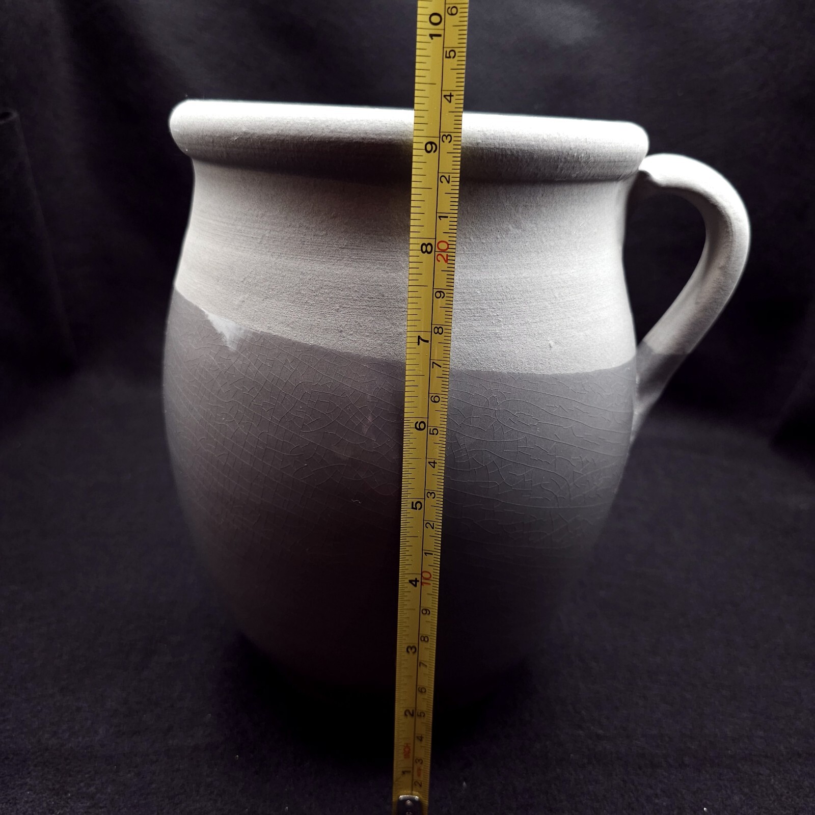Pottery Crock Vase Large Heavy 2-tone Gray w/ Handle Made in Portugal 9.25″