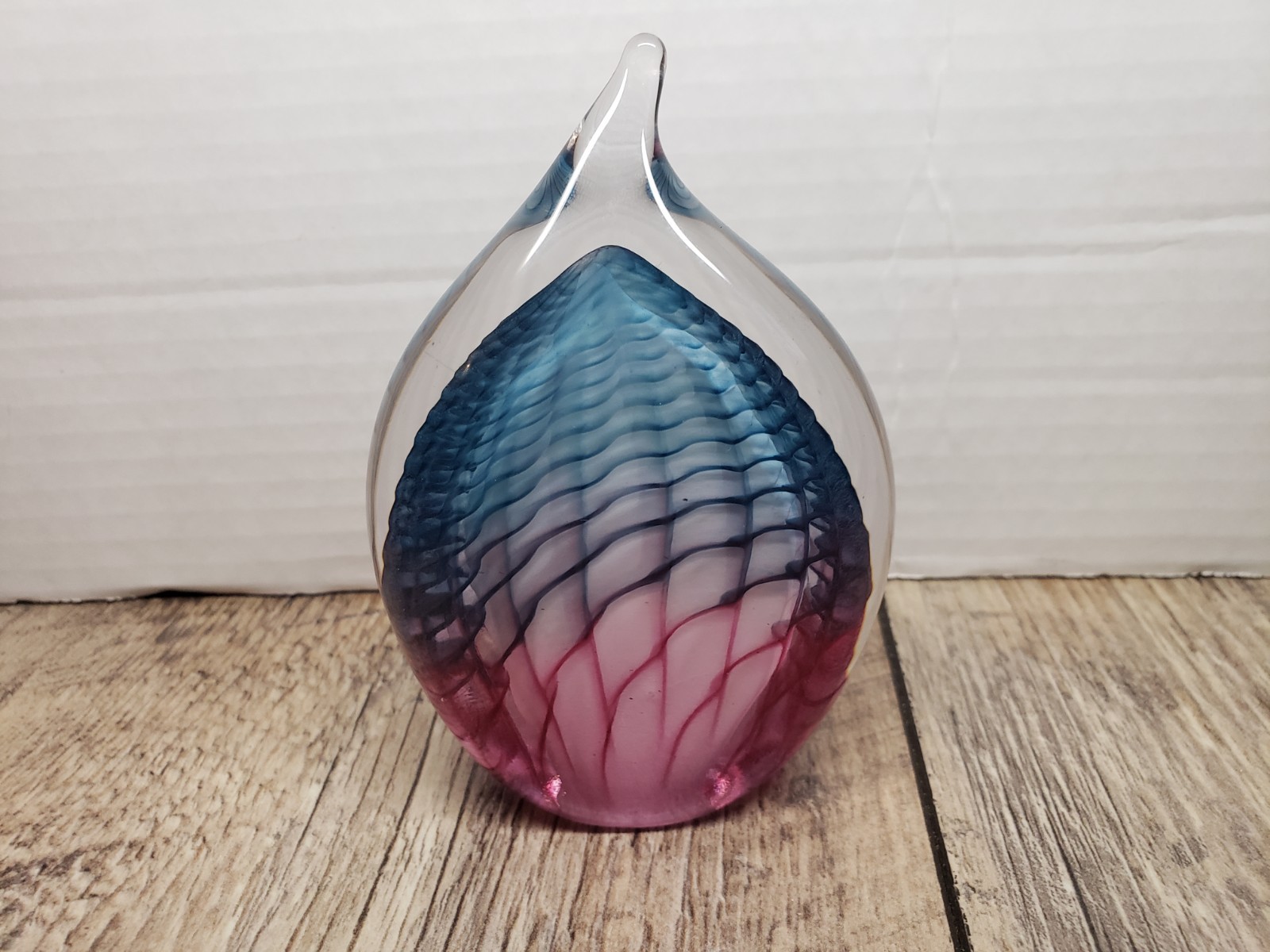Art Glass Paperweight Tear Drop Flame 2004 Blue Pink Signed